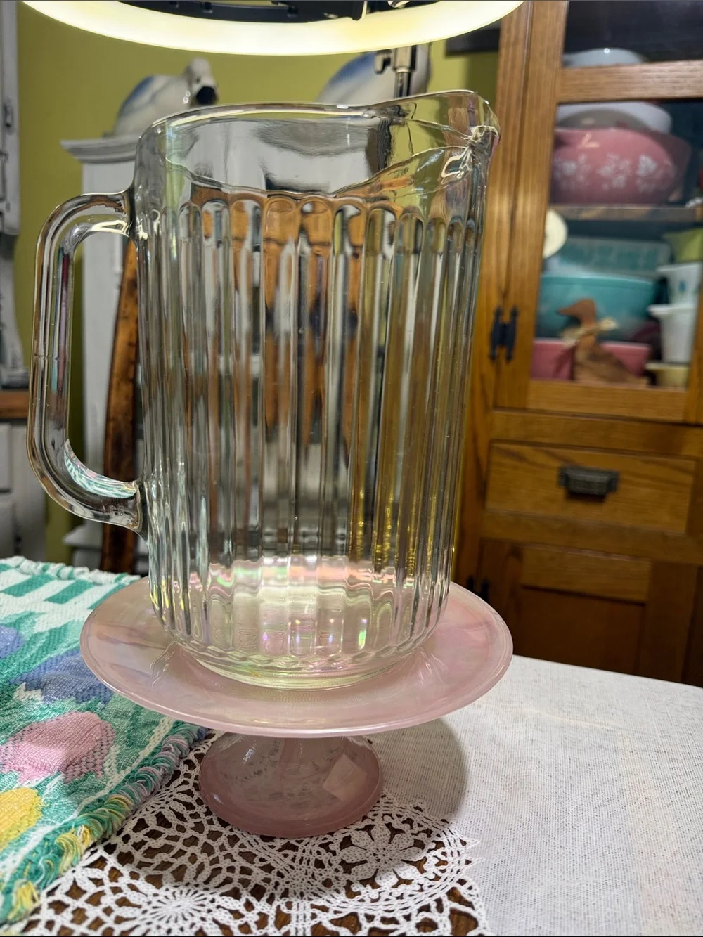 Vintage Clear Glass Ribbed Pitcher heavy beer/ water pitcher